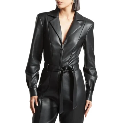 Genuine Black Leather Belted Jumpsuit Women