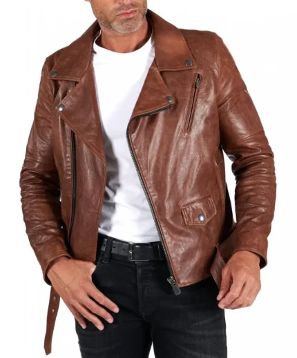 Tan belted lamb leather biker jacket vintage effect